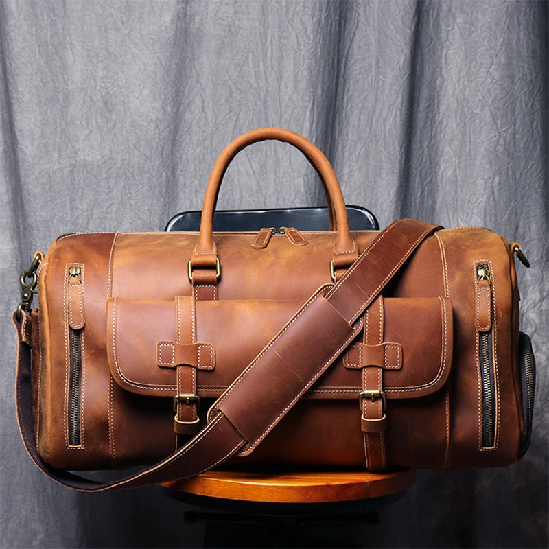 MUNUKI Vintage Crazy Horse Leather Travel Duffel Bag for Men - Large Tote