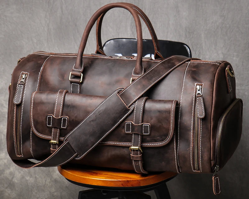 MUNUKI Vintage Crazy Horse Leather Travel Duffel Bag for Men - Large Tote