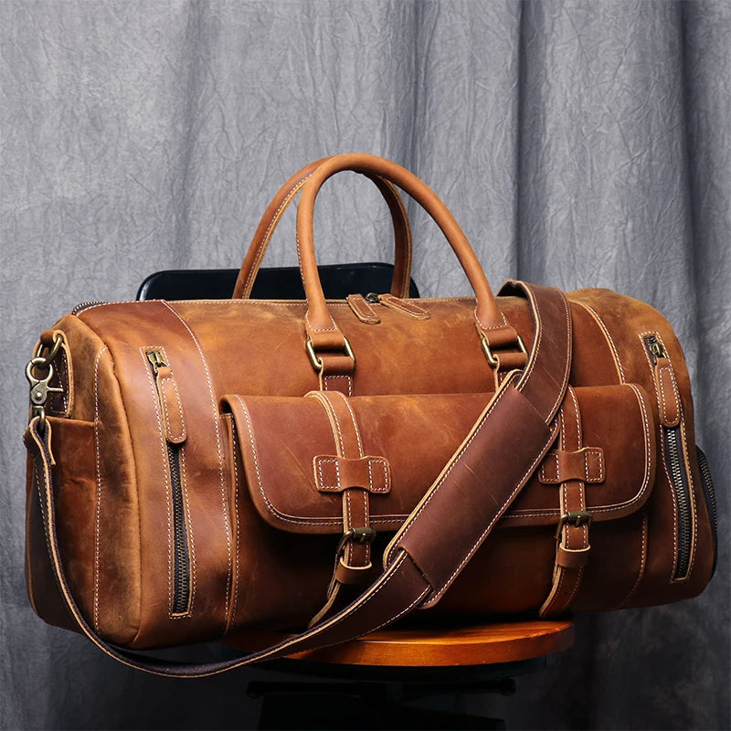 MUNUKI Vintage Crazy Horse Leather Travel Duffel Bag for Men - Large Tote