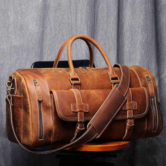 MUNUKI Vintage Crazy Horse Leather Travel Duffel Bag for Men - Large Tote